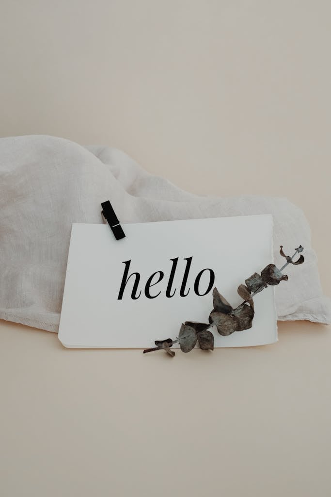 A Simple Greeting Card With Hello Text Adorned With Dried Eucalyptus Leaves. Perfect For Invitations. 4439445 683x1024